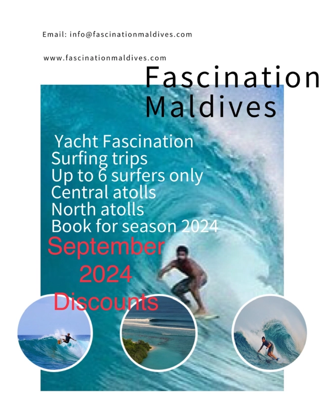 Looking for a last minute surfing getaway !! ‼️
Surfing in the Maldives ! 
Special discount for September ‼️
Don’t miss out ‼️
Flights are also at low prices in September ! Check out on Kayak.com

Contact us quick 🙌. 
info@fascinationmaldives.com

Or on WhatsApp +33609870931 

#surfing #worldyachtgroup #surfthewaves #takemesurfing #surfingdiscount #discountsurftrip #surfmaldive #surfmaldivas #surf #surftrip